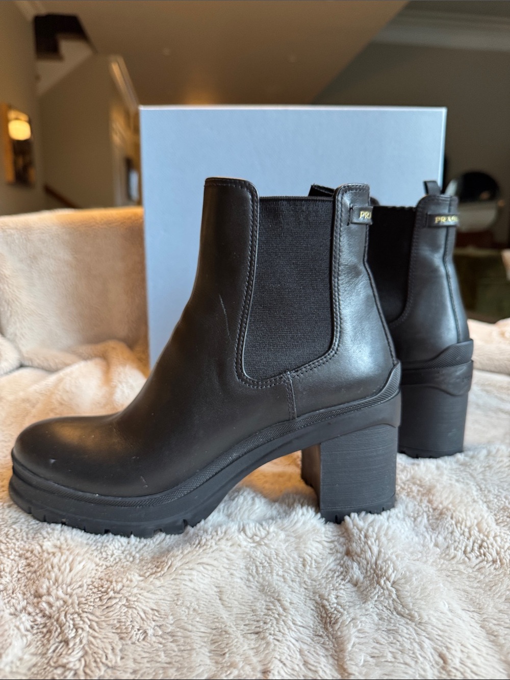 Prada Black Leather Platform Chelsea Boots with Gold Logo